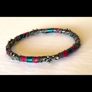 Vintage Silver Green Pink Enamel Bangle Bracelet